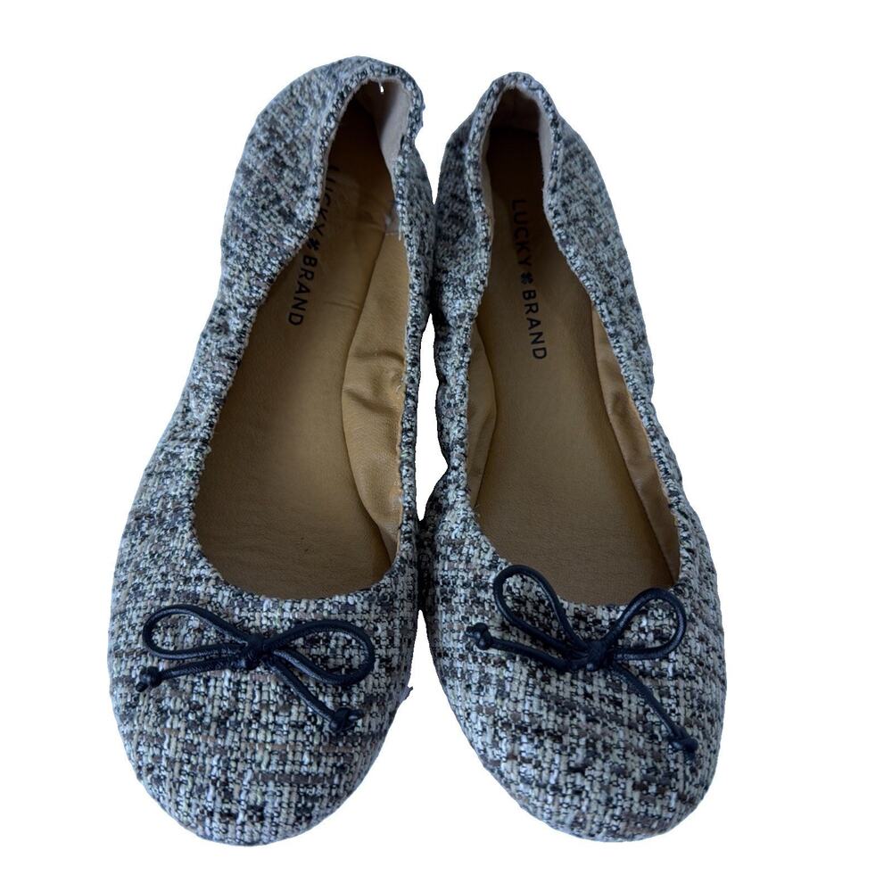 Lucky Brand Emmie Ballet Flats Sz 9 Tweed/Boucle Brown/Cream Bow Detail